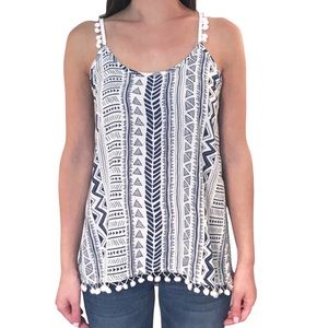 Love Riche Pom-Pom Trim Boho Tank Top Size M Crisscross Back Blue White NEW NWT